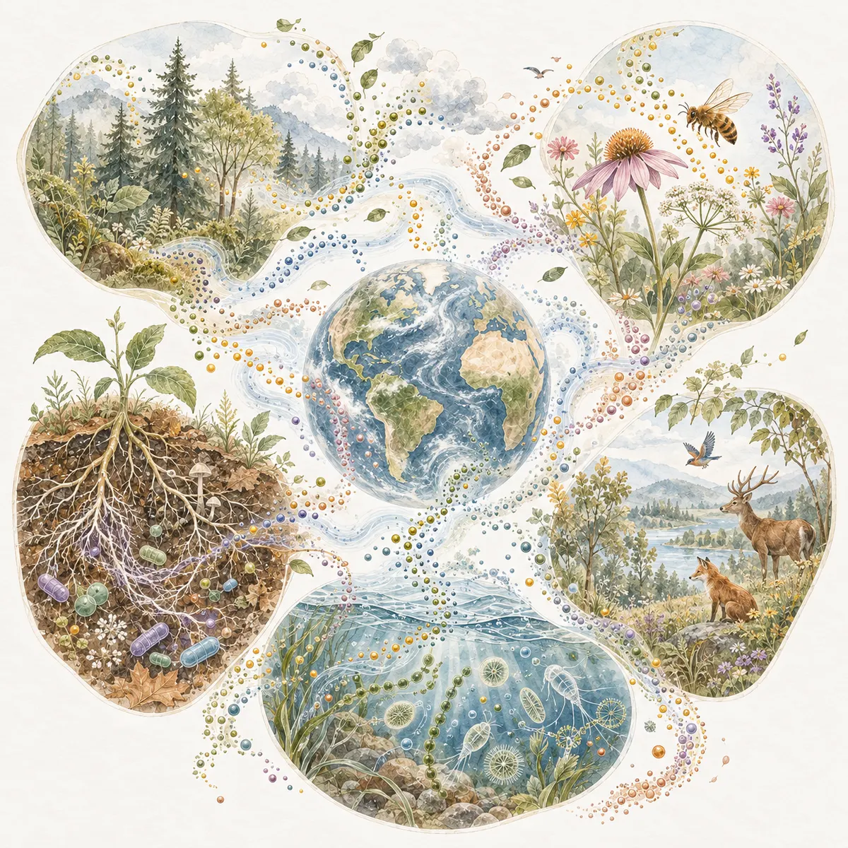 Carte aquarellée reliant la planète, la forêt, les plantes, les animaux, l’eau, les sols et les microorganismes