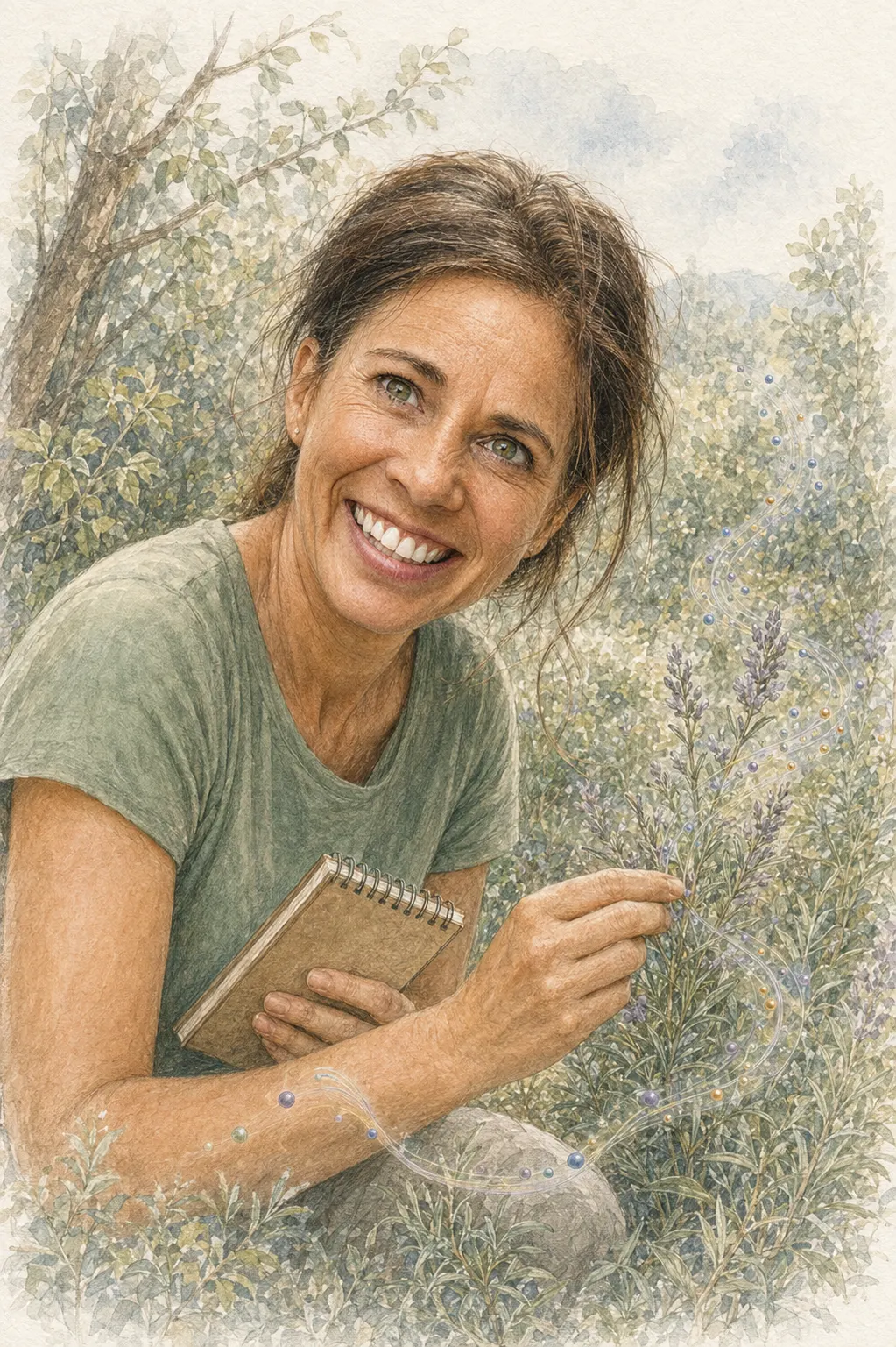 Portrait illustré d’Emilie Rogg observant une plante aromatique dans un jardin