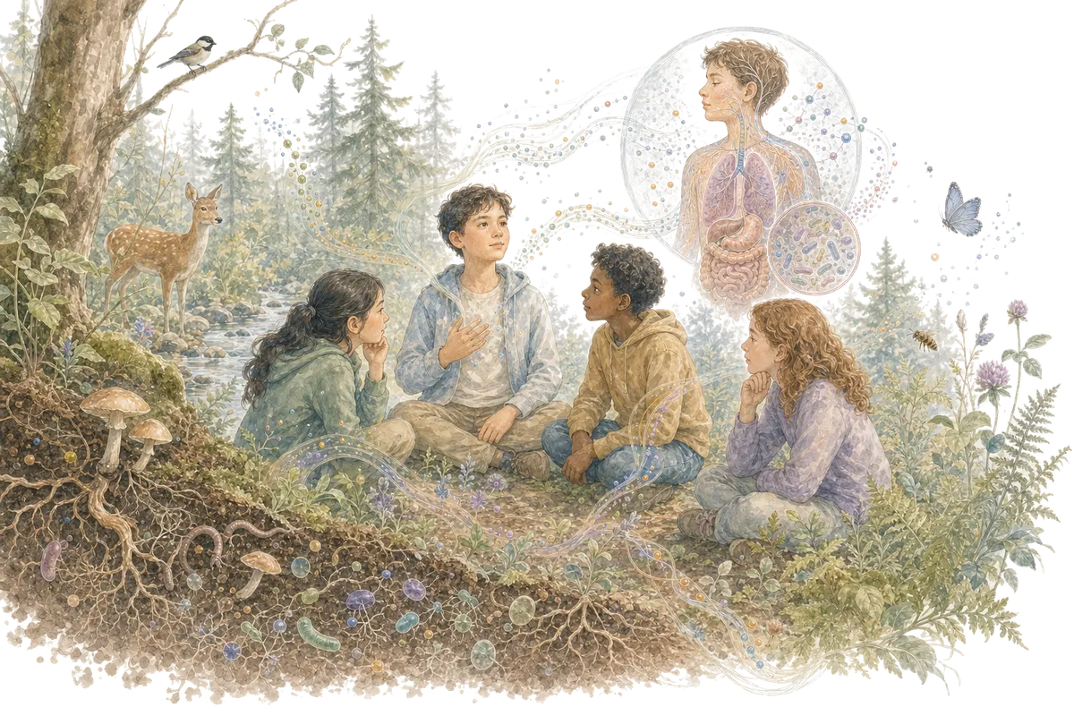 Des jeunes dans une forêt, reliés au vivant, avec un agrandissement du corps et du microbiome